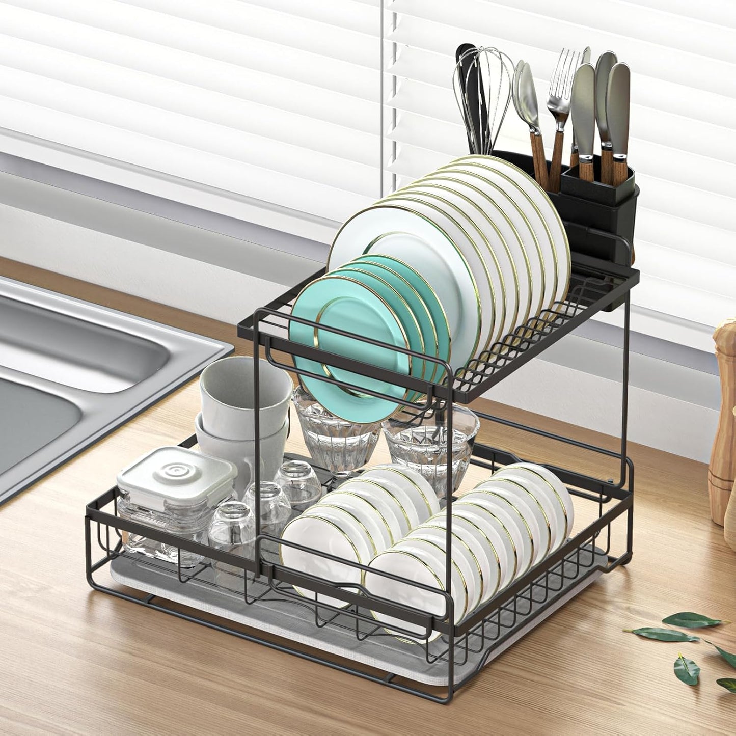 Dish Drying Rack with Stone Drying Mat for Kitchen Counter