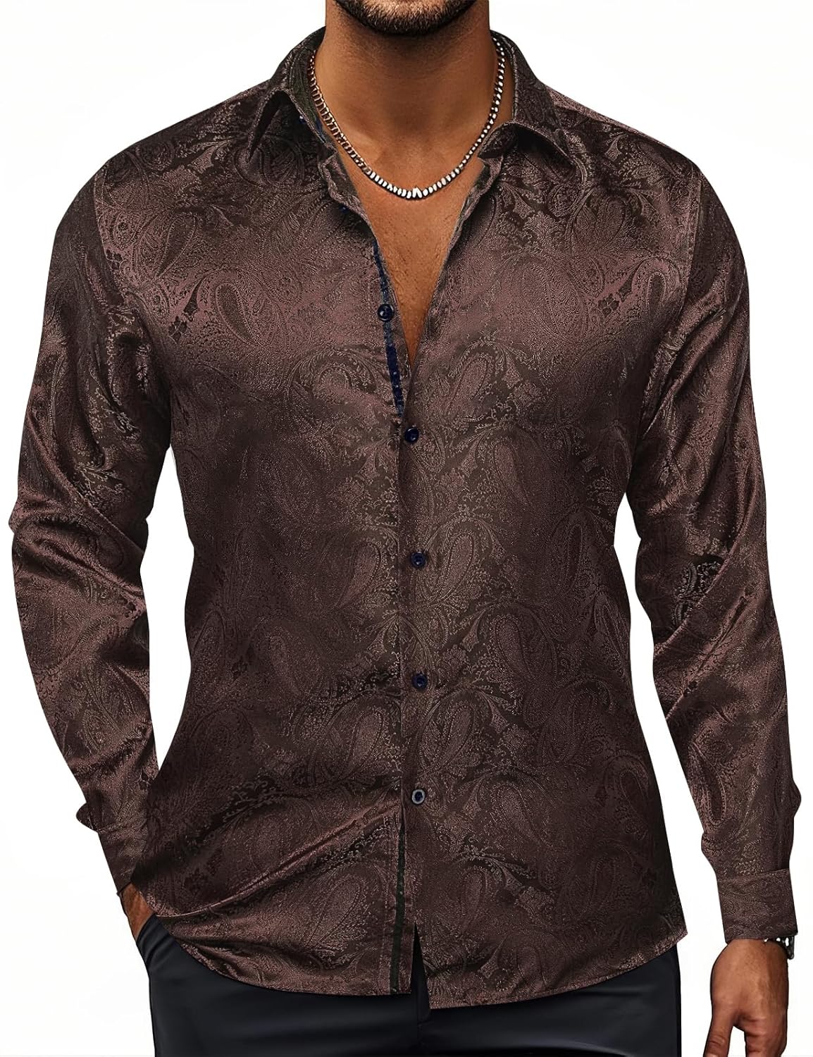 Hi-Tie Silk Mens Paisley Dress Shirts for Formal and Casual Wear