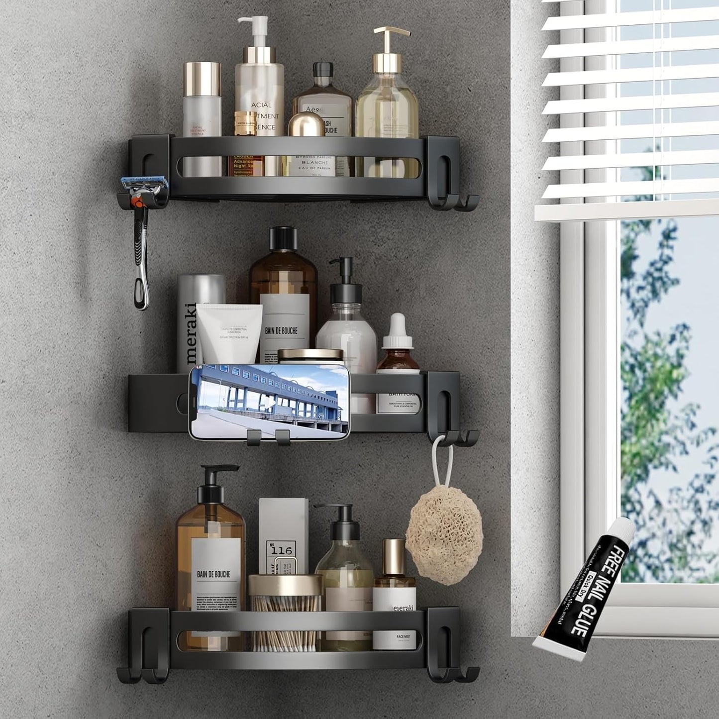 VOLPONE 3-Pack Black Triangle Shower Caddy for Corner Storage