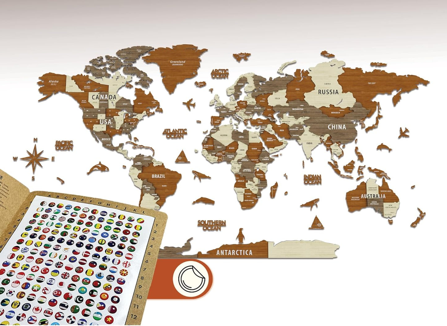 Multilayer 3D Wooden World Map by Colorfull Worlds for Decor