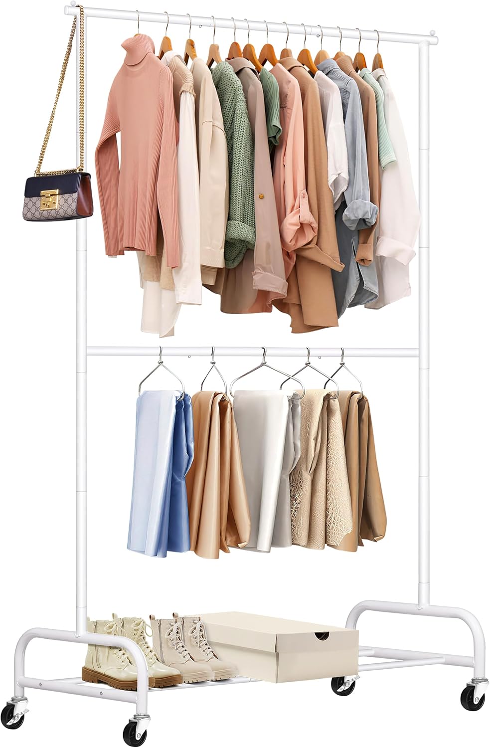 Heavy Duty Double Rod Clothes Rack with Wheels for Easy Storage