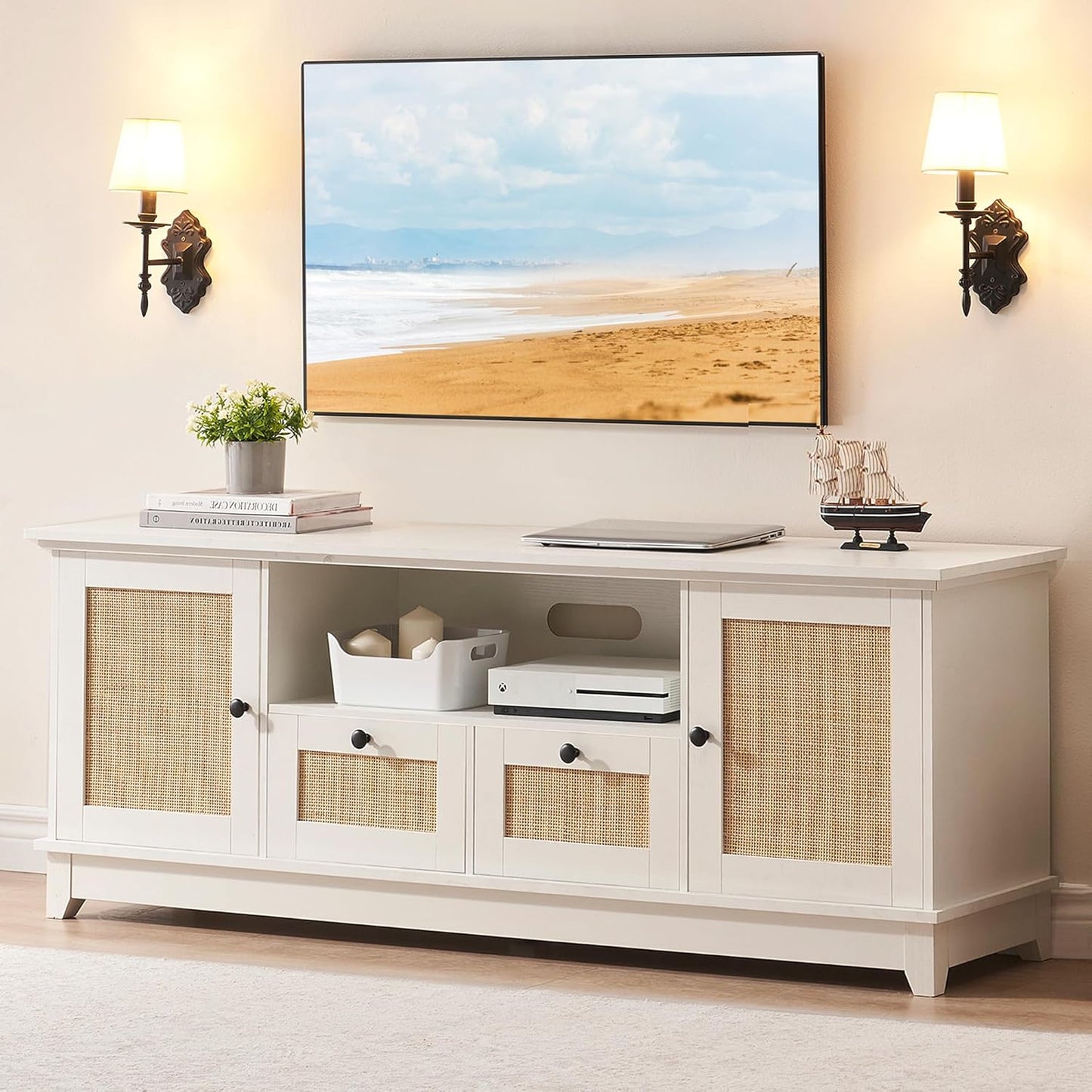 IDEALHOUSE 65+ Inch Rattan TV Stand: Modern Storage Solution