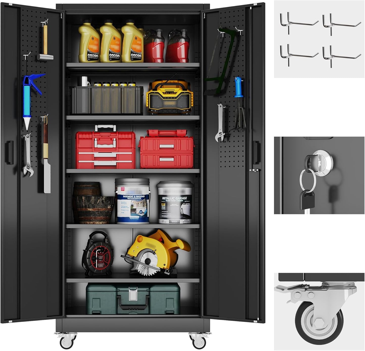 Garage Storage Cabinet with Adjustable Shelves and Pegboard