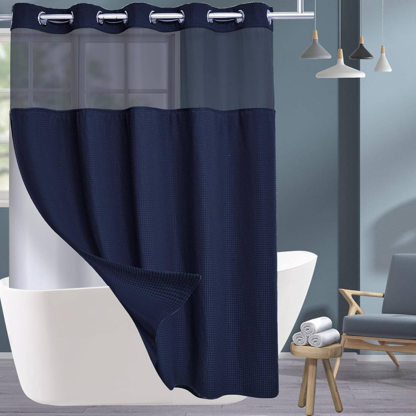 Conbo Mio No Hook Waffle Weave Shower Curtain Set for Luxury Bath