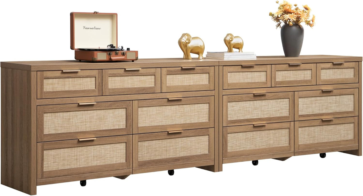 SICOTAS 7 Drawer Dresser for Bedroom Set with Rattan Design