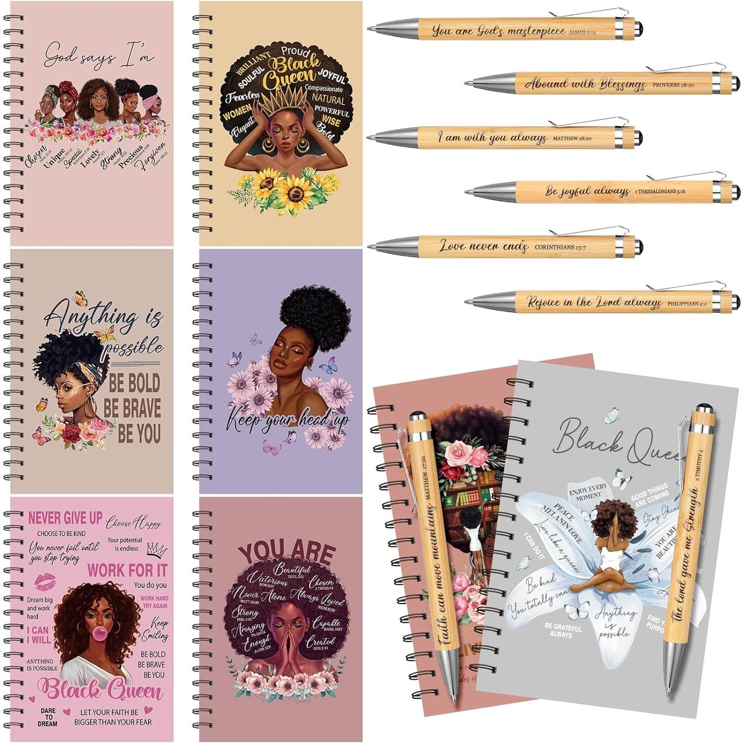 Pasimy Black Women Notebooks Set + Bamboo Pens