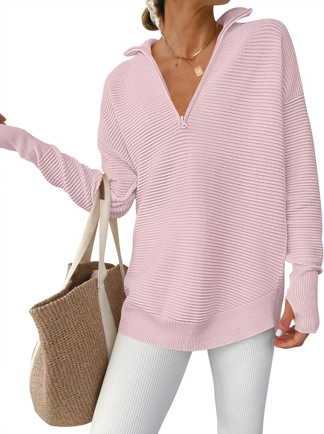 Womens Long Sleeve Quarter Zip Pullover Sweater for Casual Style
