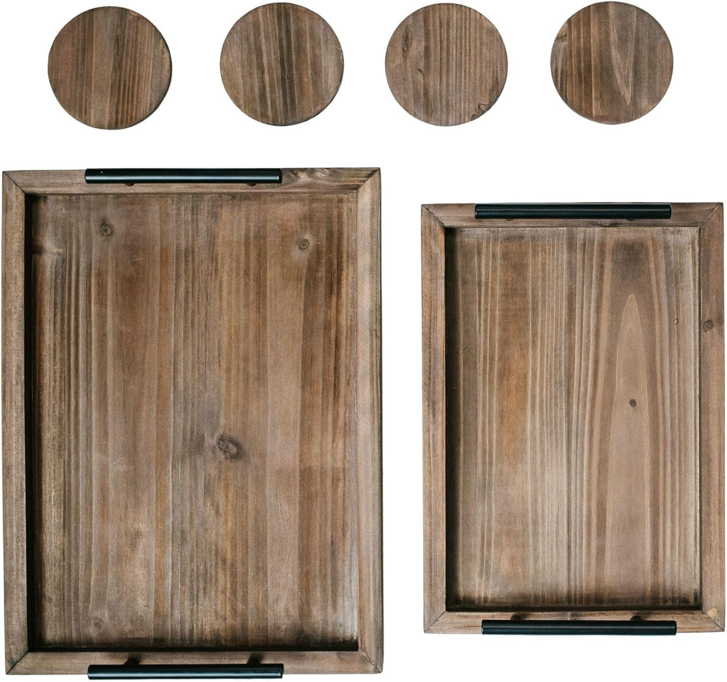 Rustic Wooden Decorative Ottoman Serving Tray Set with Coasters