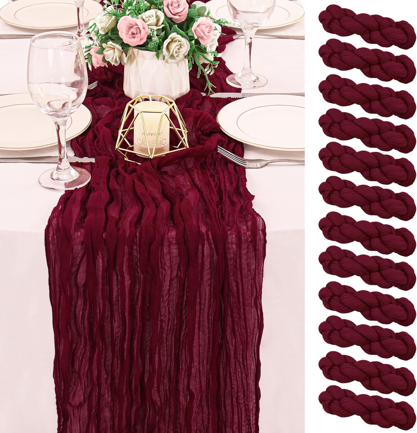 Burgundy Cheesecloth Table Runner 12 Pack for Rustic Decor