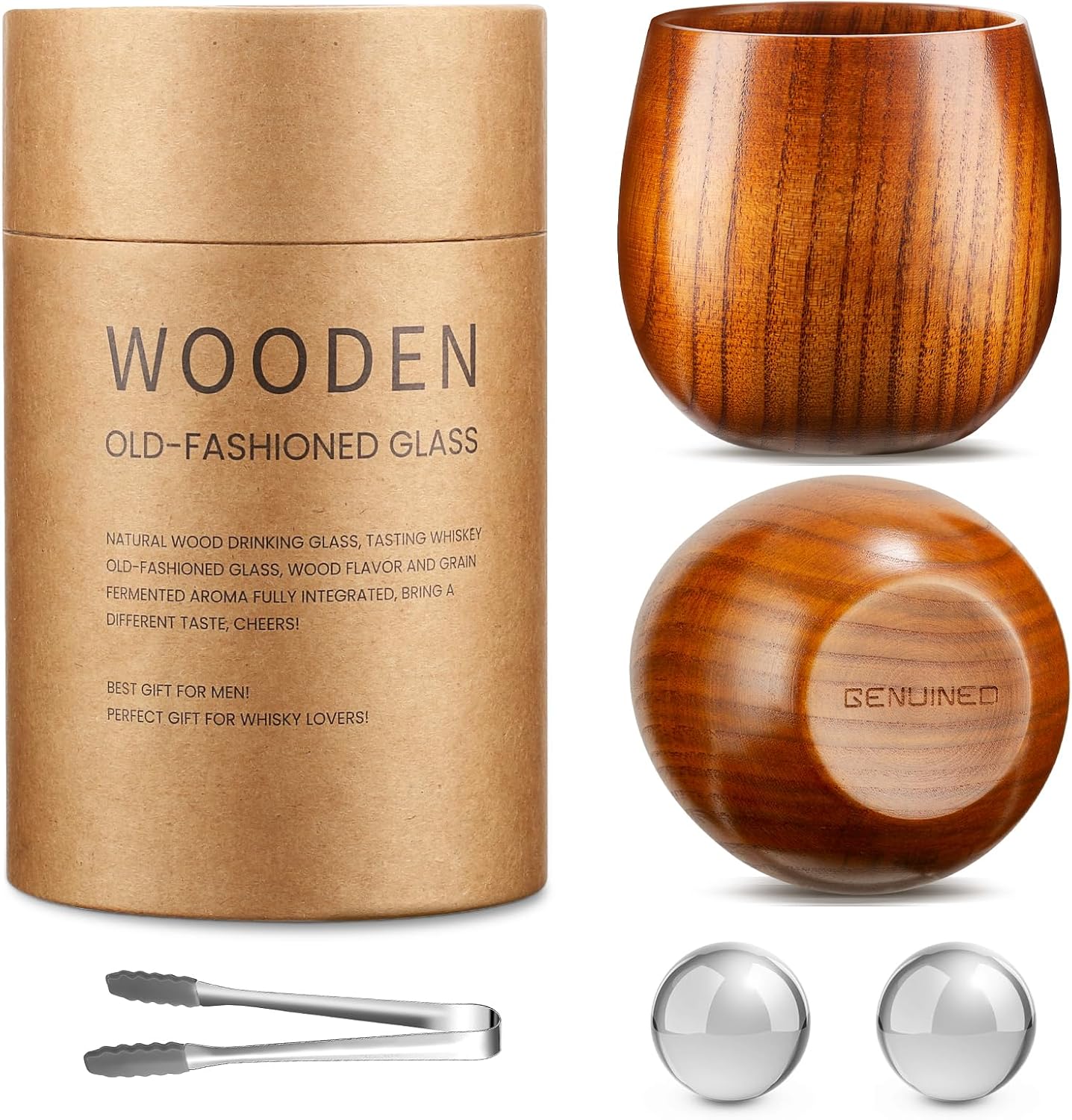 GENUINED Wooden Whiskey Glasses Set of 2 for Bourbon Lovers
