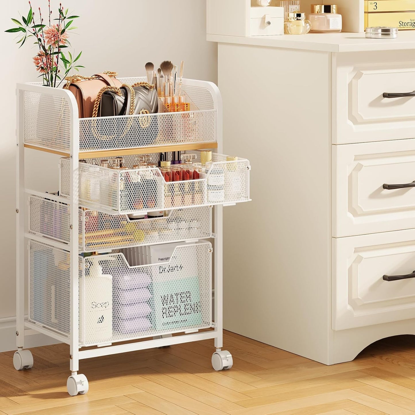 Rolling Makeup Cart Organizer with 3 Drawers for Skincare