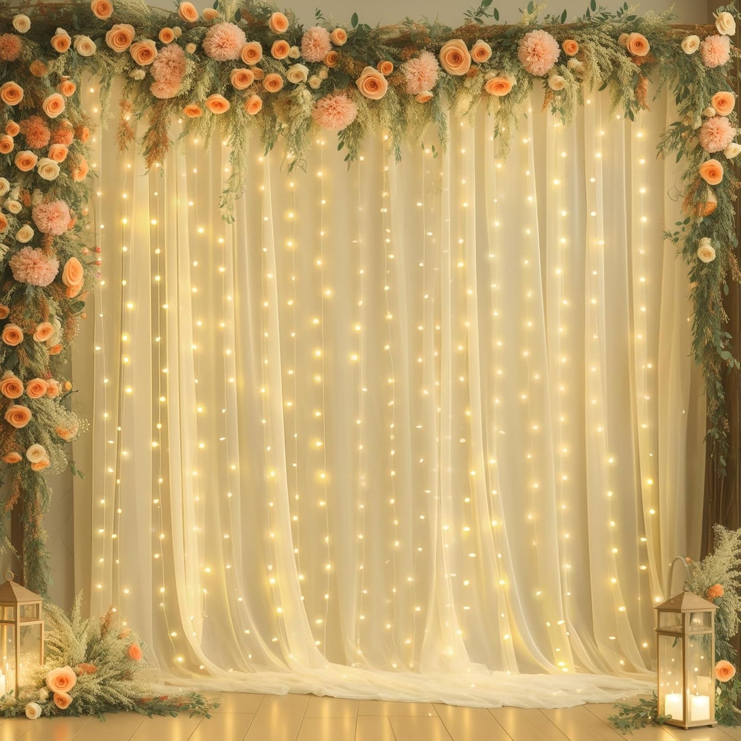 20x8ft Champagne Tulle Backdrop Curtains with Lights for Events