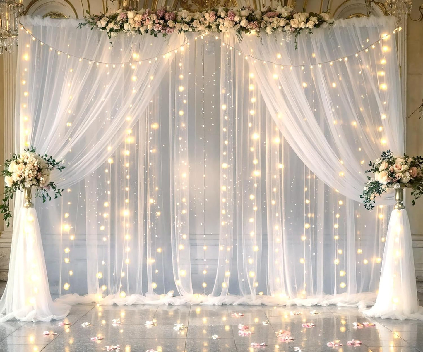 20ft X 8ft White Tulle Wedding Backdrop Curtains with Lights