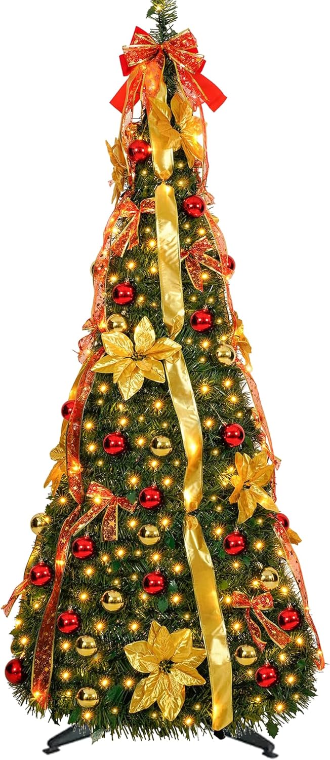 6 ft Pre-Lit Christmas Tree with 200 LED Warm Lights and Ornaments