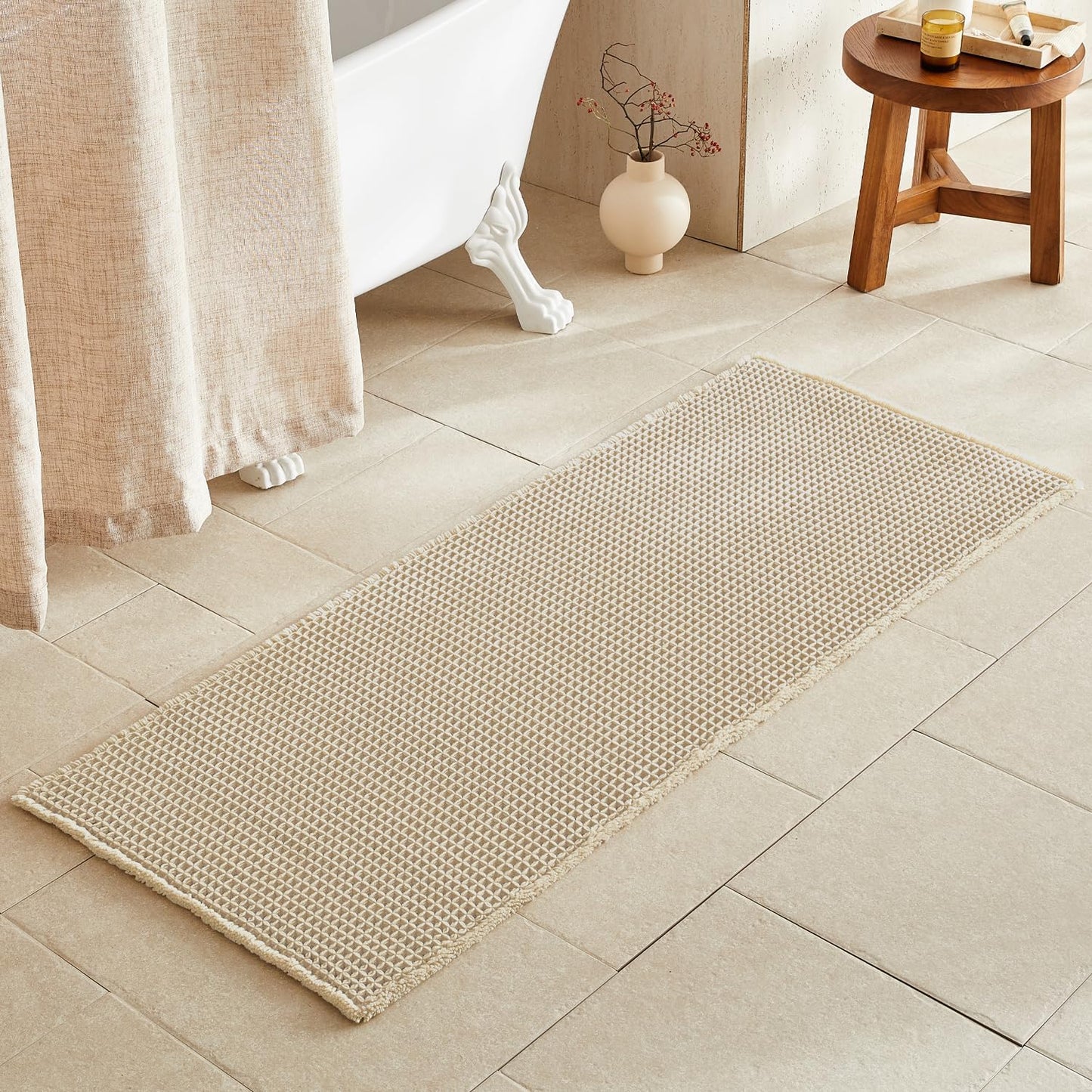 Pale Beige Long Bathroom Rug Non Slip Washable Quick Dry Mat