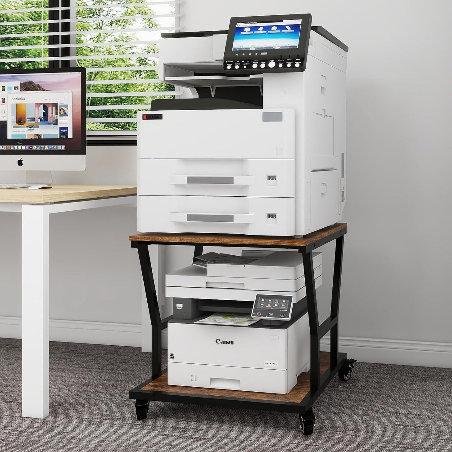 Retro Printer Stand with Storage Shelf & Wheels