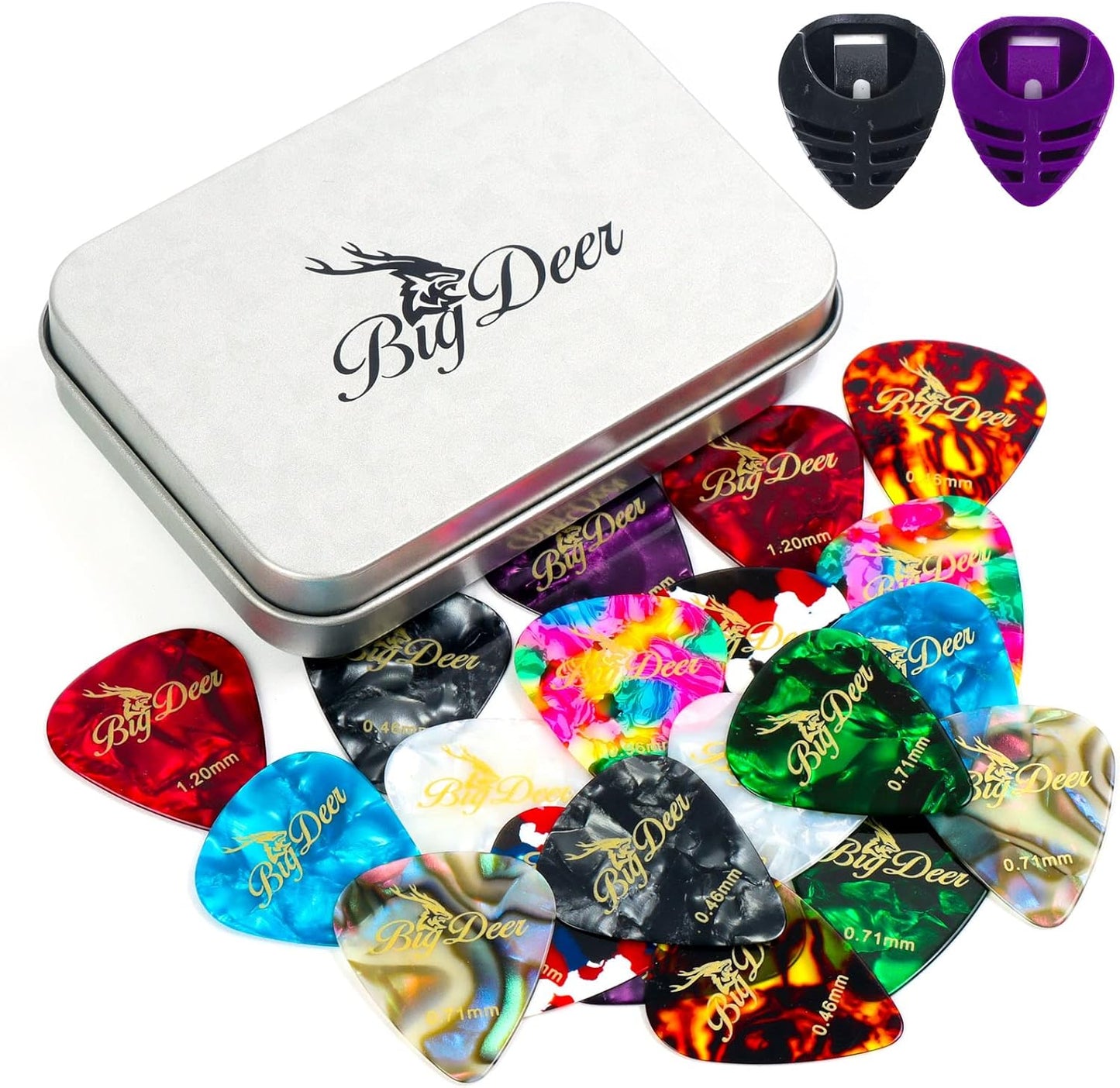 BigDeer Celluloid Guitar Picks 30-Pack w/ Thin, Medium, Heavy & Extra Heavy Plectrums in Tin Box - Versatile for Acoustic Guitar, Ukulele, Bass