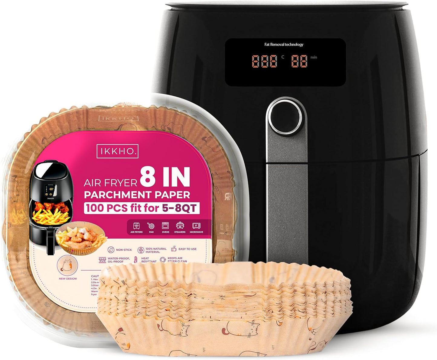 IKKHO Non-Stick Air Fryer Liners | 100 Pcs | Oilproof | Fits 5-8 QT | Microwave Safe