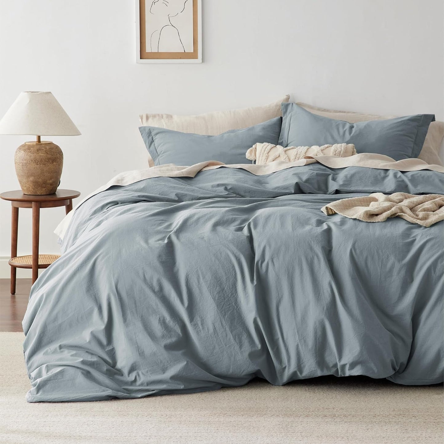 Bedsure 100% Washed Cotton Duvet Cover King Size - Dusty Blue