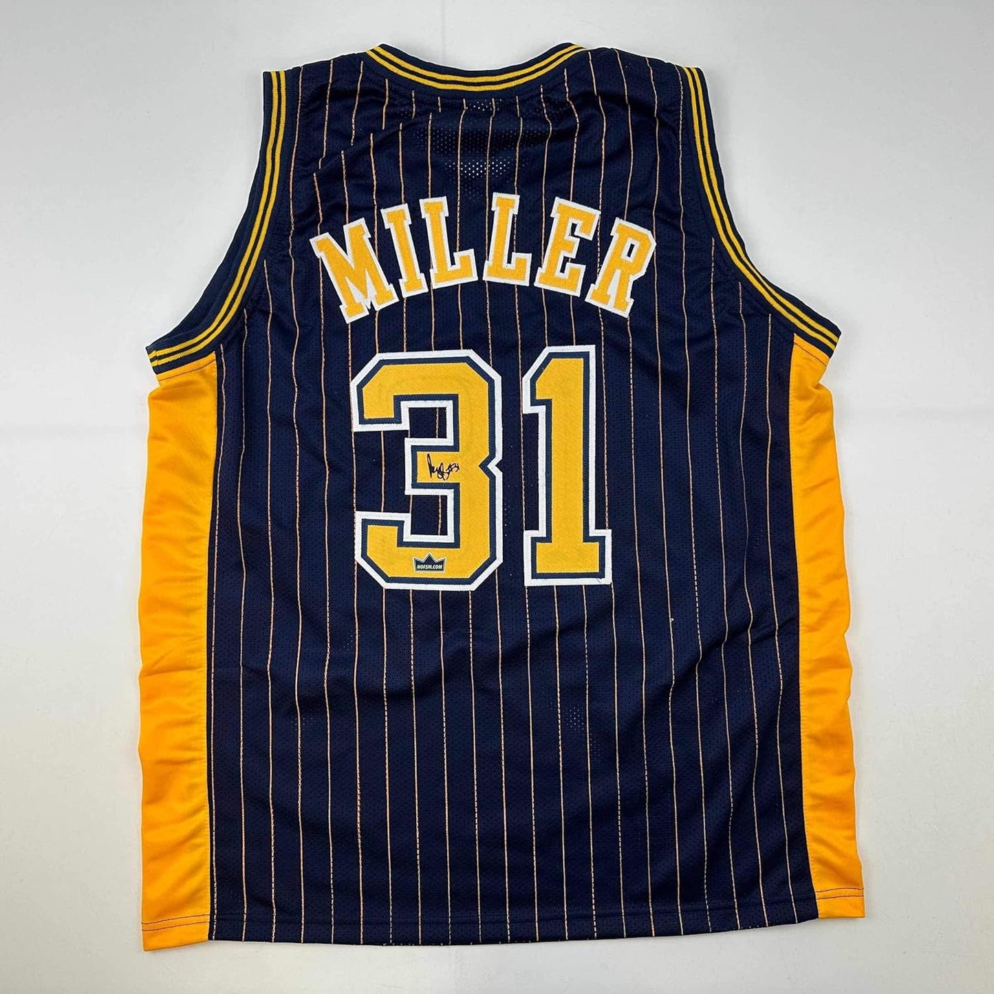 Facsimile Autographed Reggie Miller Indiana Blue Pinstripe Jersey