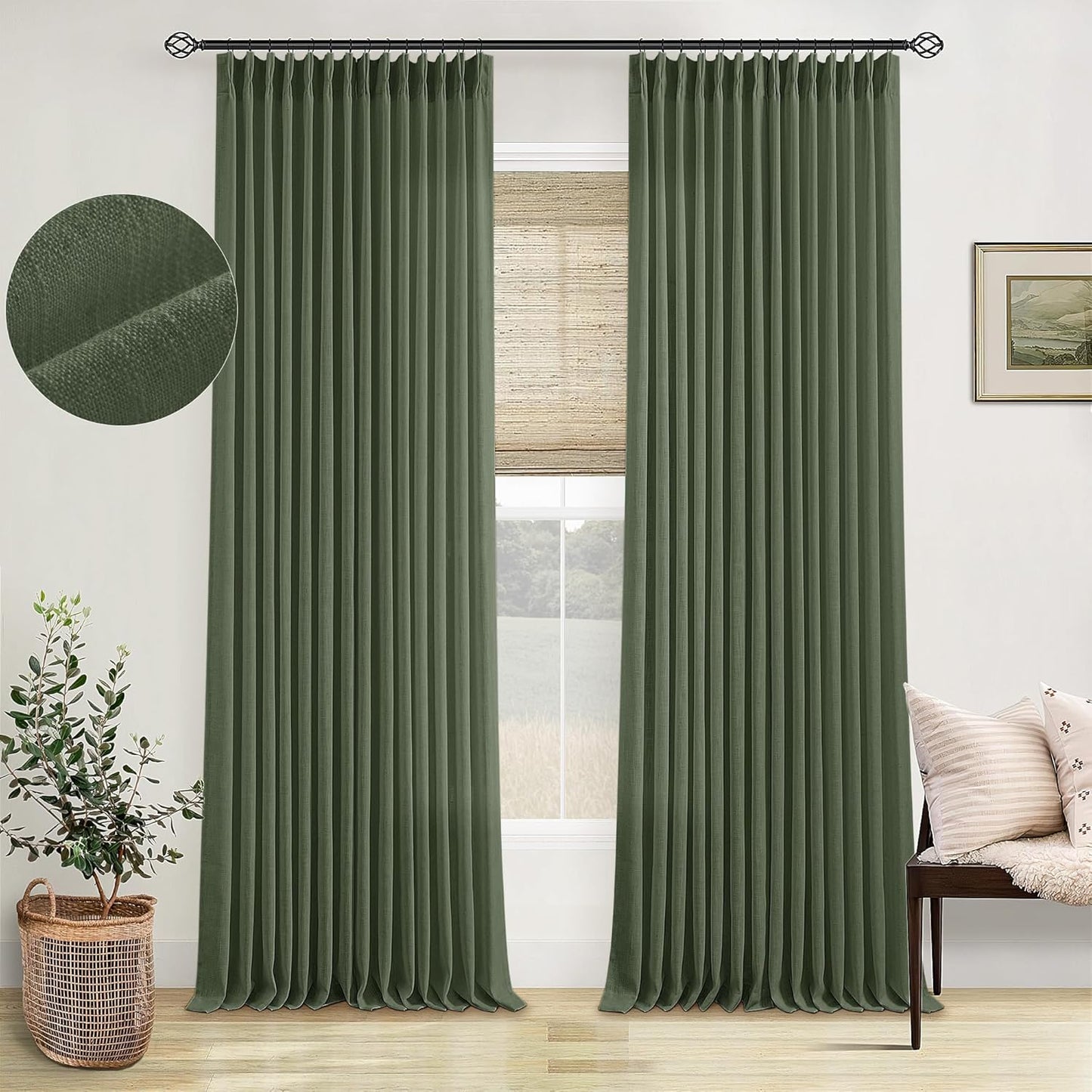 Pleated Linen Olive Green Curtains 102 Inches Long for Home