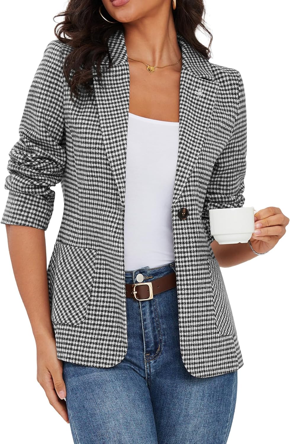 ELLEVEN Women's Houndstooth Plaid Blazer with Embroidered Collar