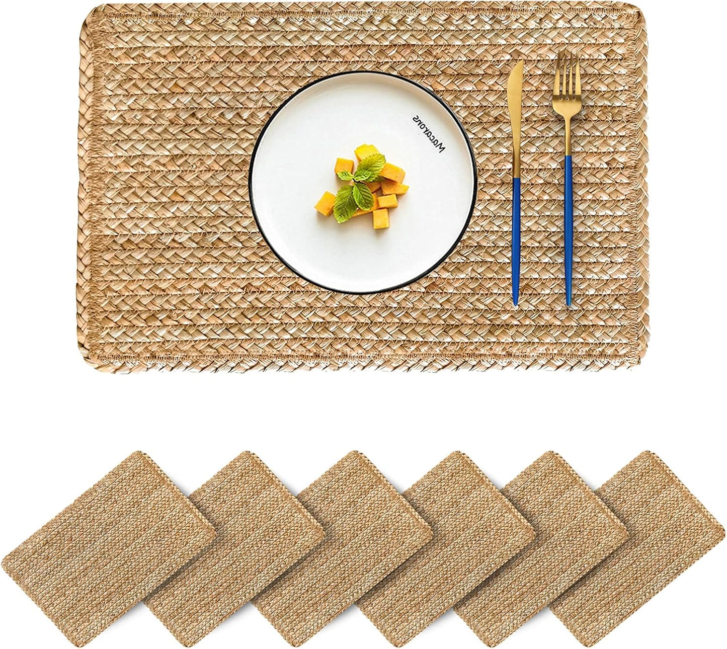 Woven Placemats Set of 6 Natural Rattan Rectangle Placemats