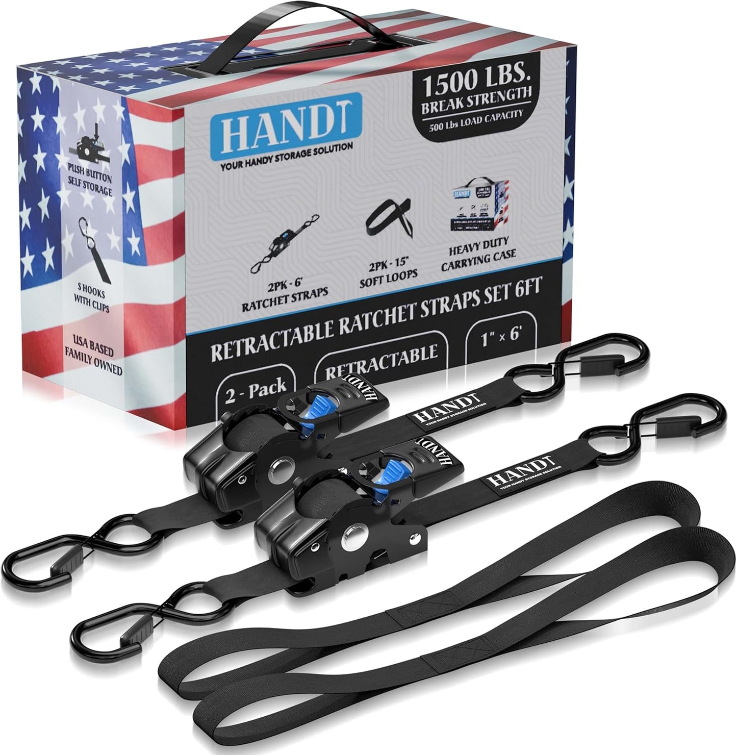 Retractable Ratchet Straps 1in x 6ft - Heavy Duty 1500lb
