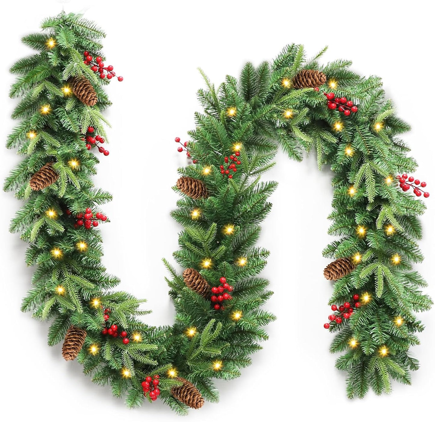 9ft Pre-Lit Christmas Garland with Pine Cones & Red Berries