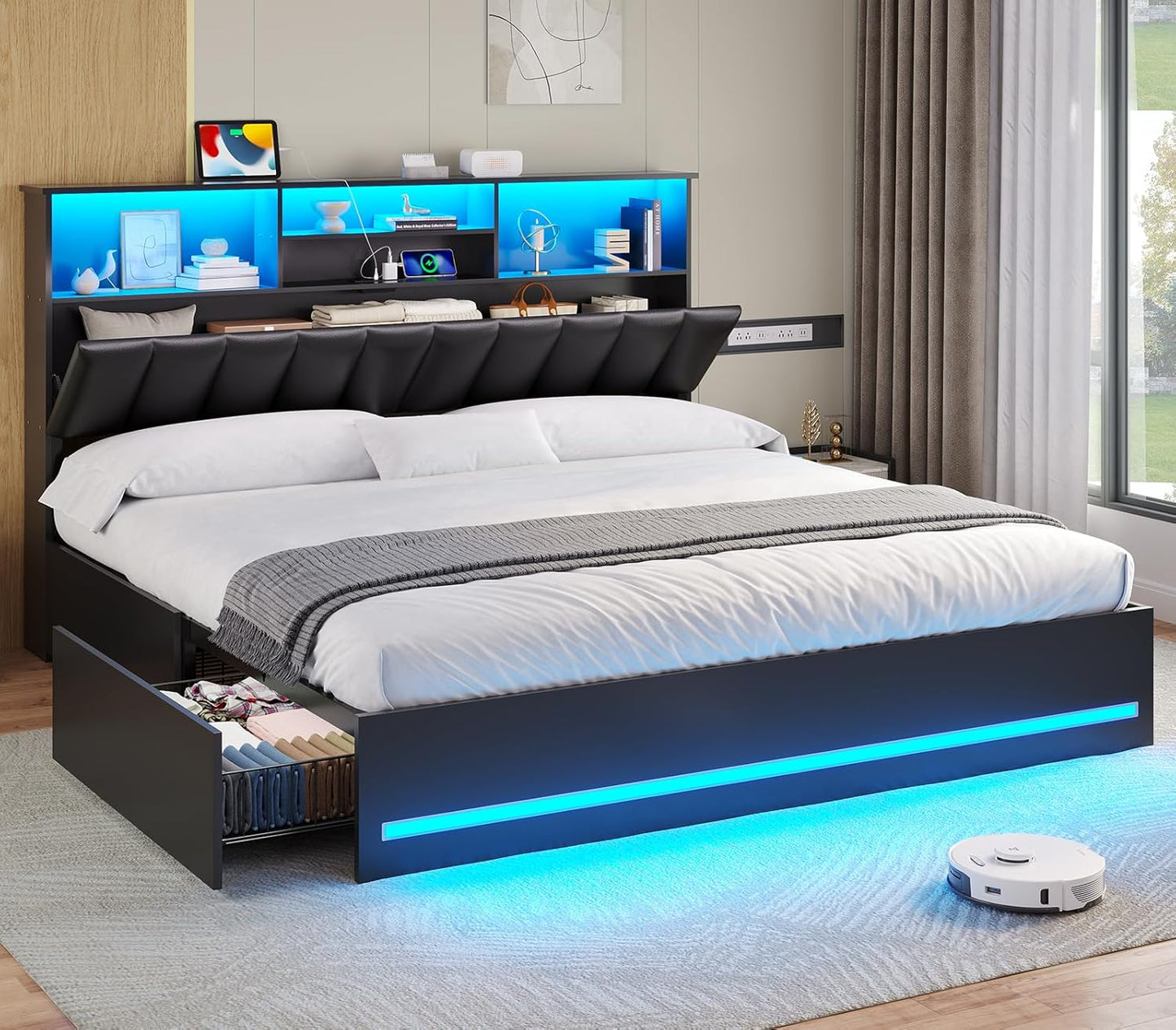 VIAGDO King Size Bed Frame with Bookcase Headboard and LED Lights