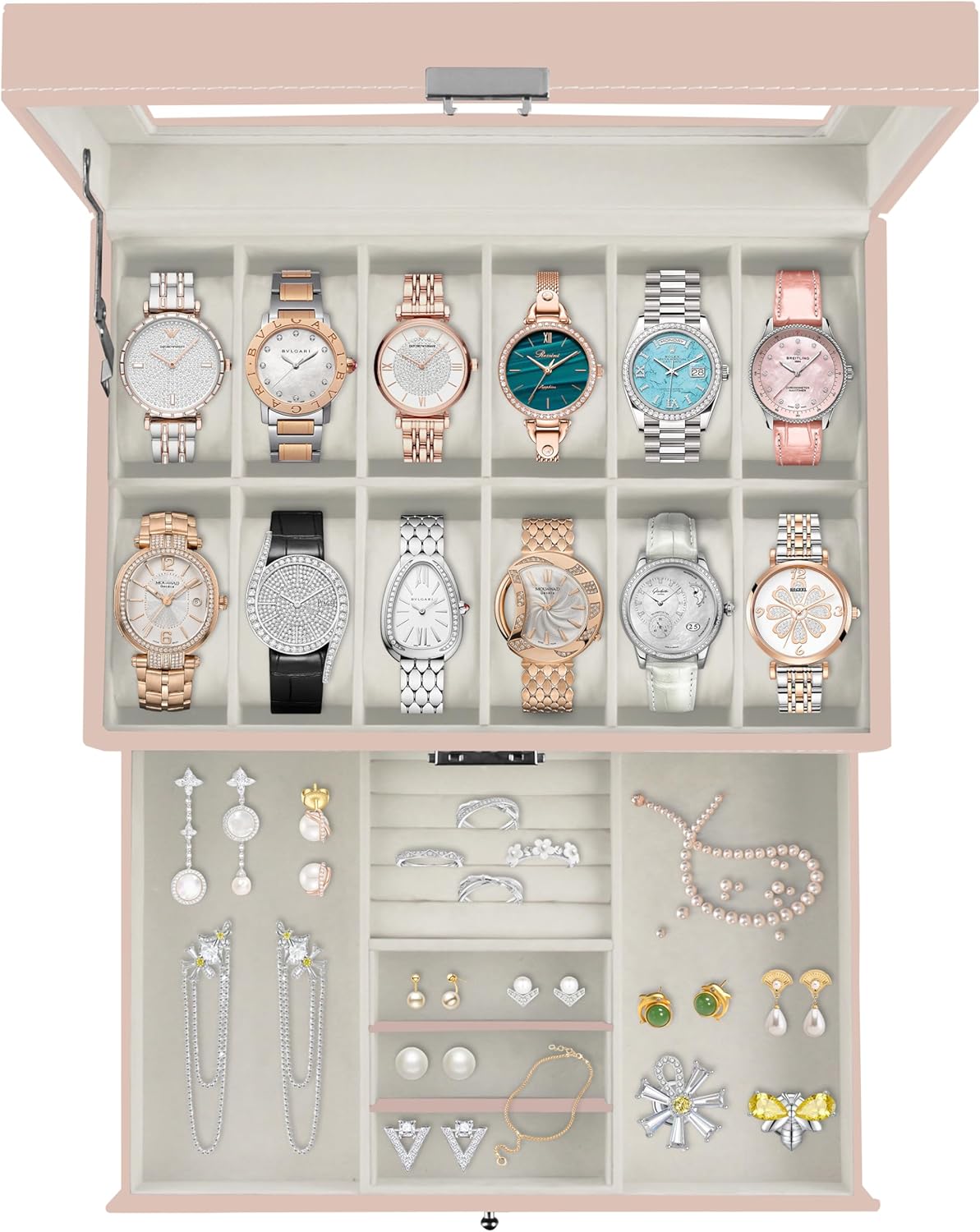 Ogrmar 12 Slot PU Leather Lockable Watch Storage Box for Jewelry