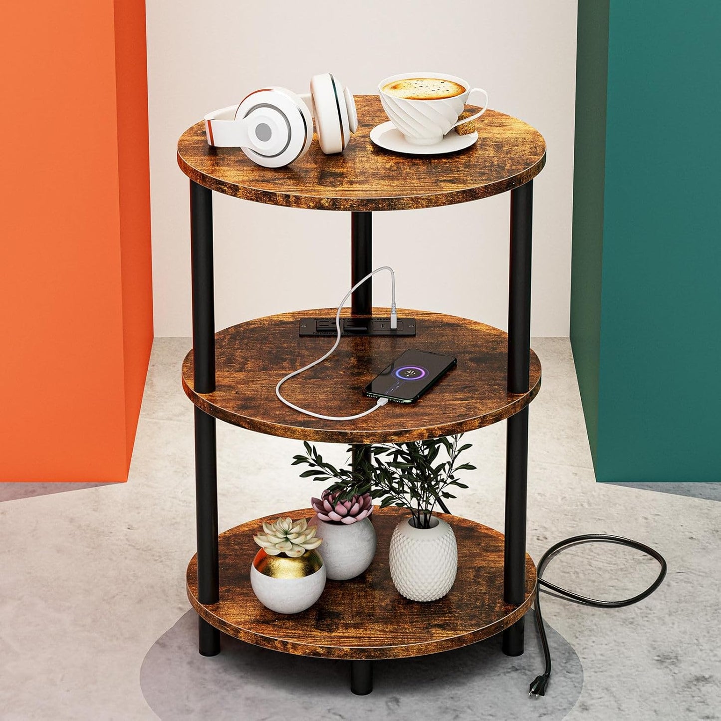 Small Round Side Table with USB Ports for Living Room Use