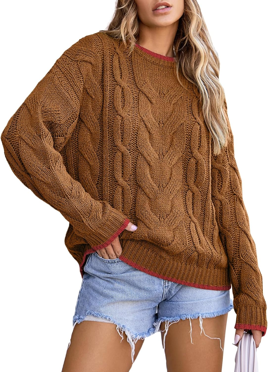 EVALESS Trendy Crewneck Long Sleeve Color Block Sweater Tops