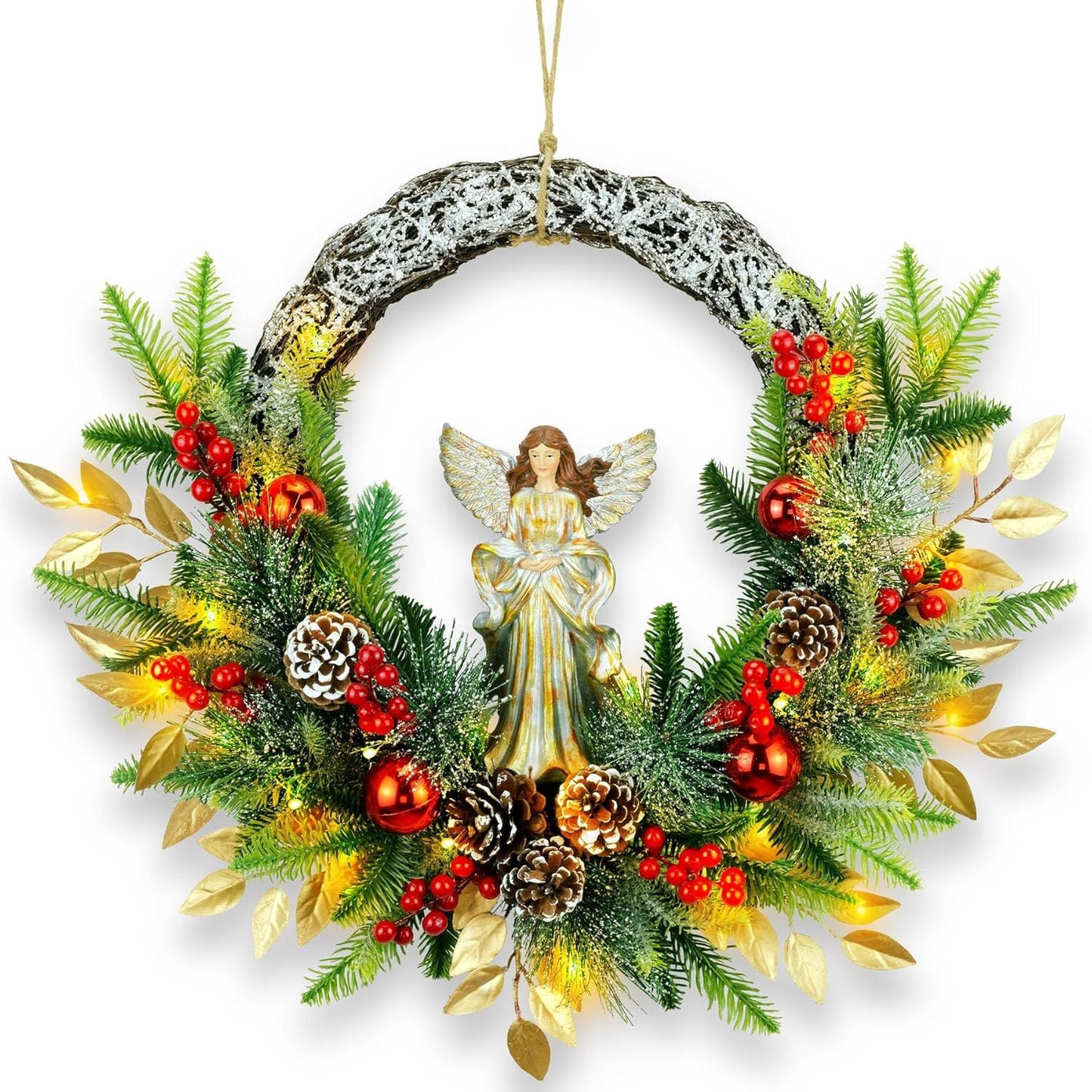 YULETIME 24in Angel Christmas Wreath with Resin Statue and Lights