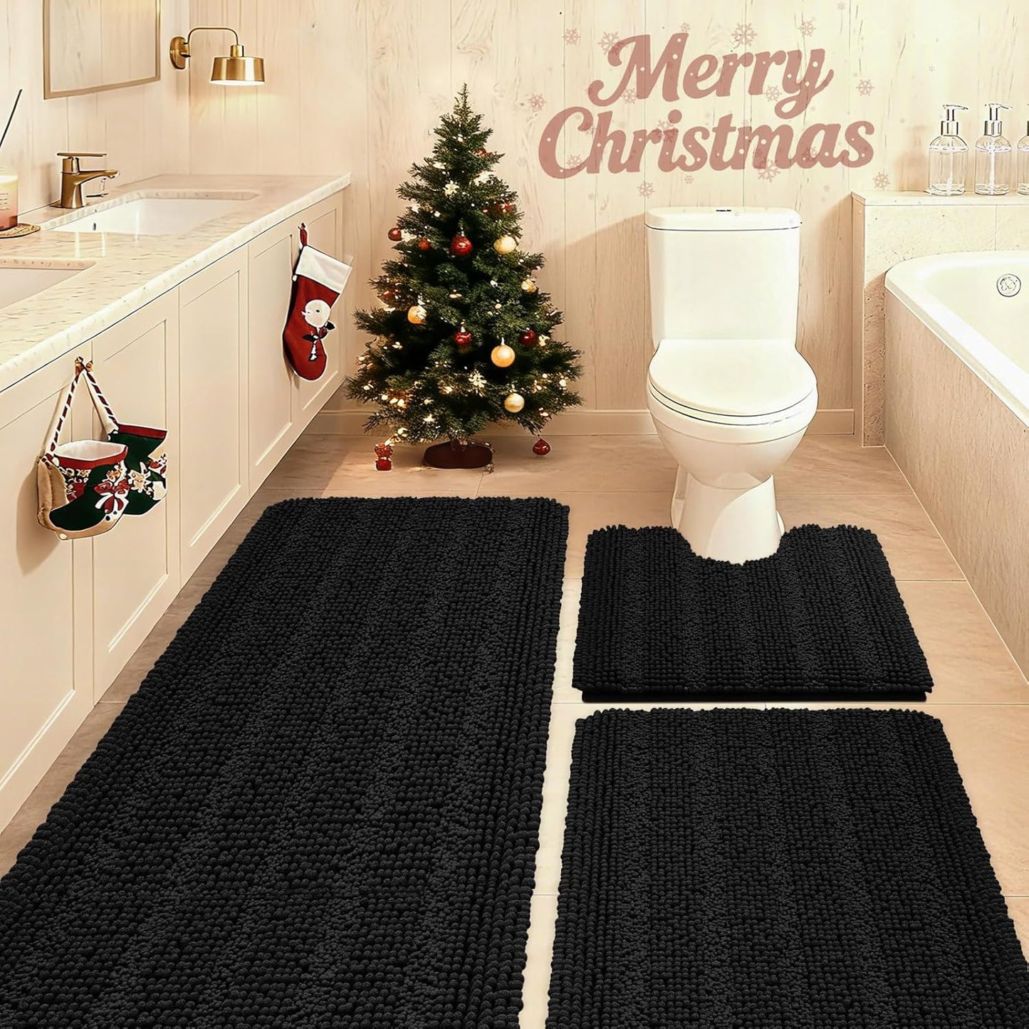 Ultra Soft Striped Black Bathroom Rug Set 3 Pieces for Luxury