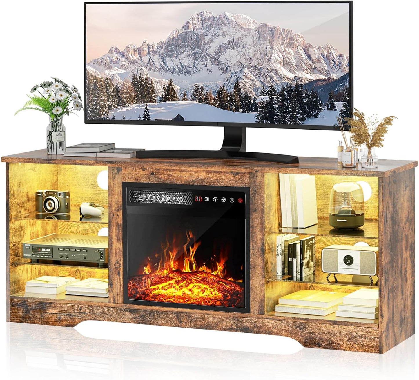 PUKAMI 58 Fireplace TV Stand with Leg Lights - Modern Storage Console for TVs up to 65