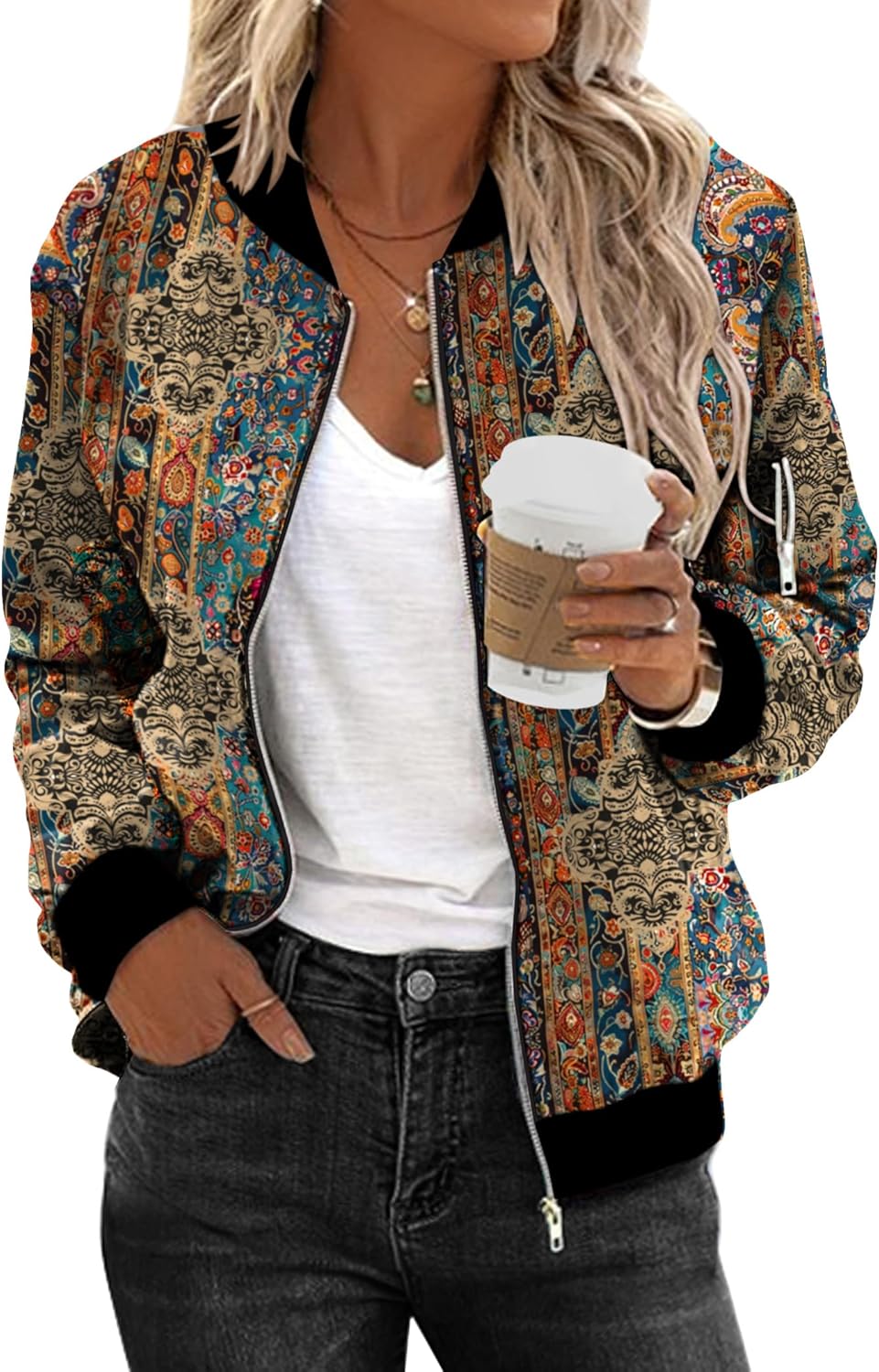 Stylish Women's Bomber Jacket Casual Coat Zip Up Outerwear