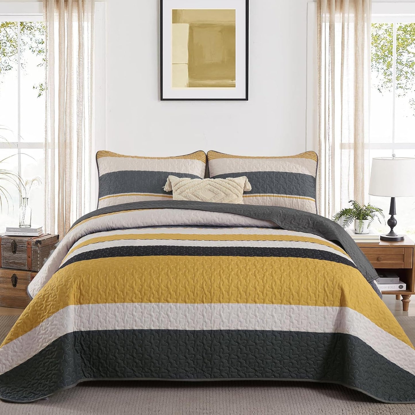 Dinjoy King Size Quilt Set in Yellow - Soft Boho Patchwork Design