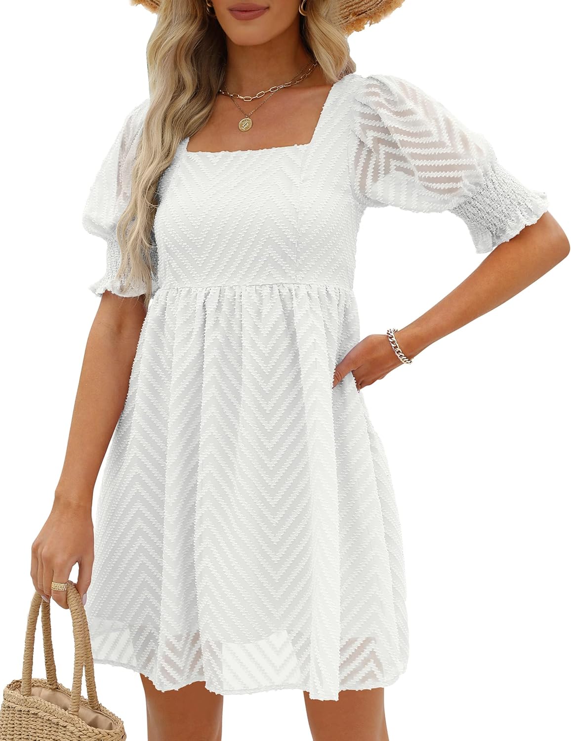 WEESO Womens Summer Puff Sleeve Square Neck Babydoll Dress Review
