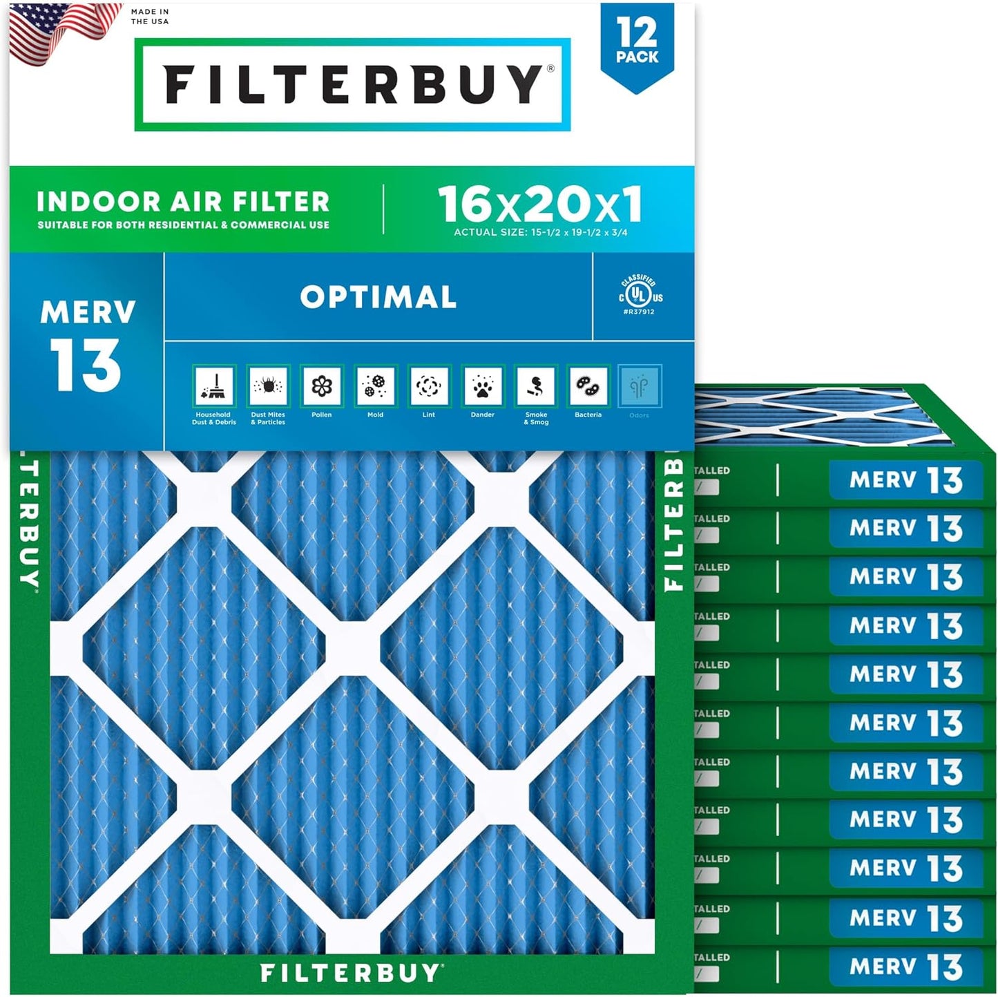 Filterbuy 16x20x1 Air Filter MERV 13 for Smoke & Allergy Defense