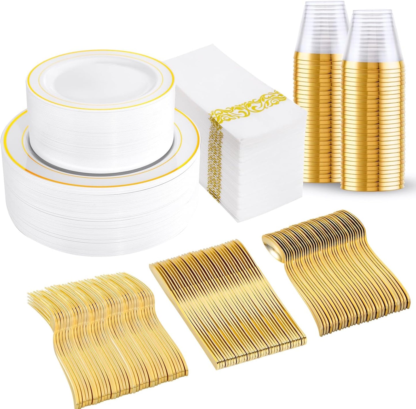 bUCLA 350PCS White and Gold Plastic Plates for Any Occasion