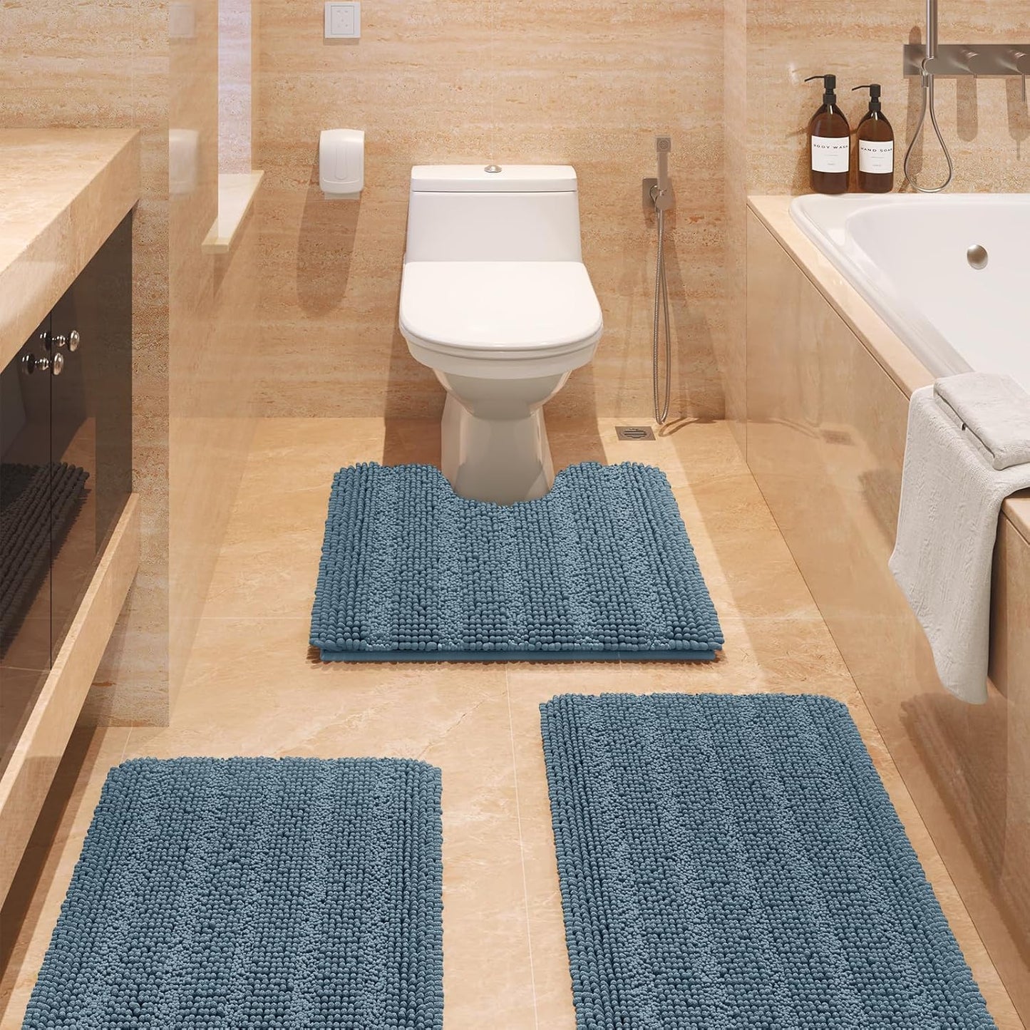 Striped Haze Blue Bathroom Rug Set 3 Pieces Ultra Soft Chenille