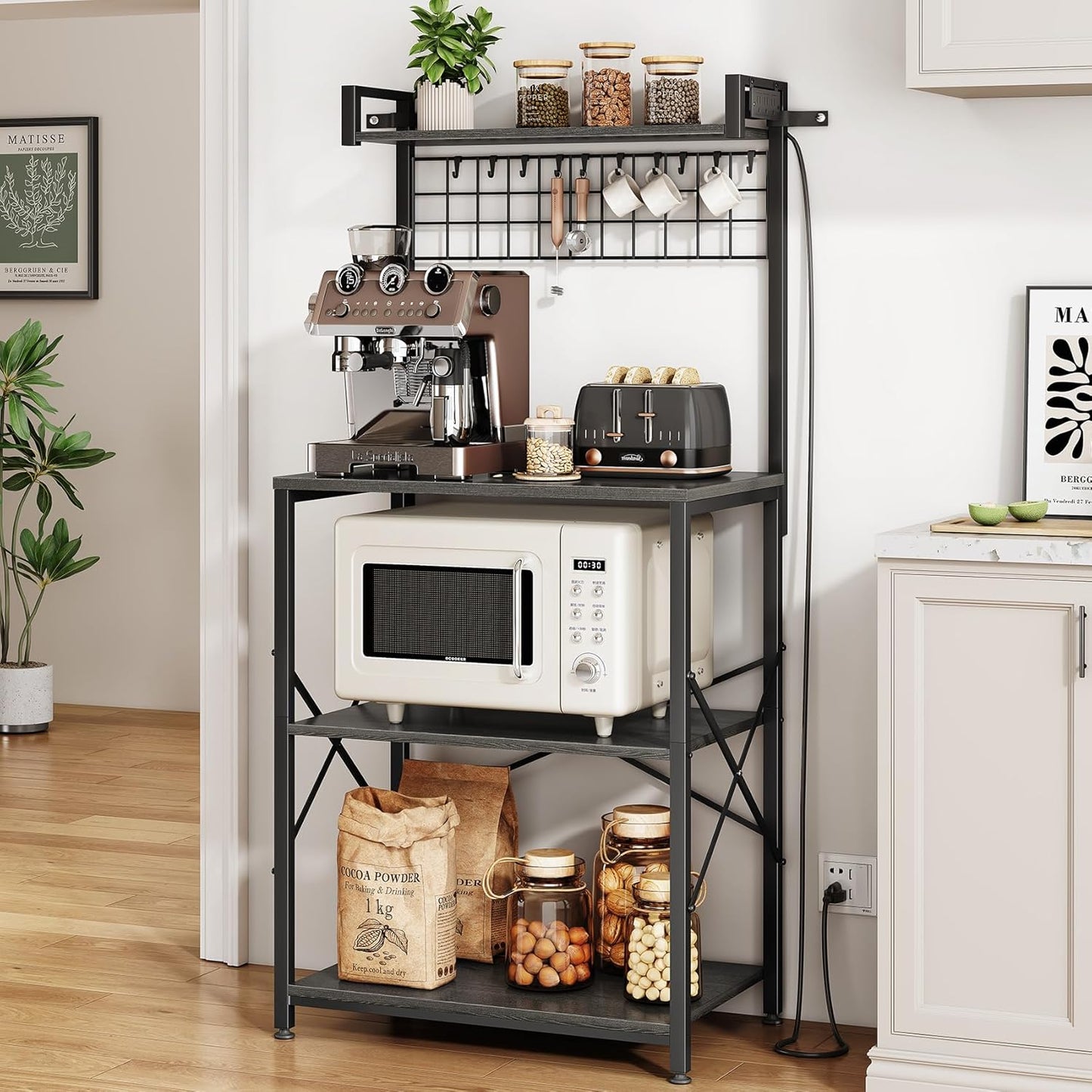 Bakers Rack with Power Outlet and Hooks for Kitchen Storage