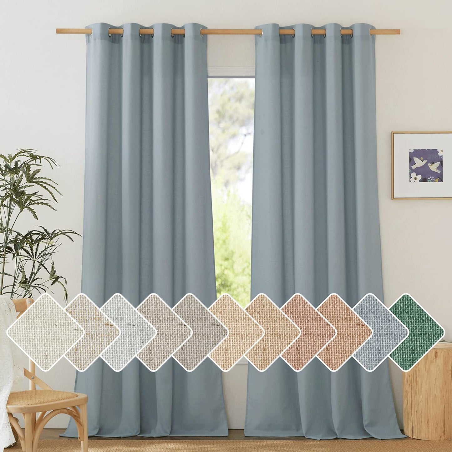 Thick Linen Stone Blue Curtains for Living Room and Bedroom