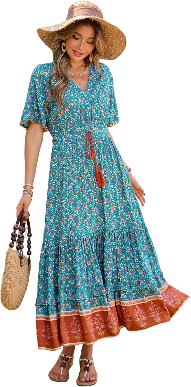 R.Vivimos Womens Summer Cotton V Neck Floral Midi Dress Review