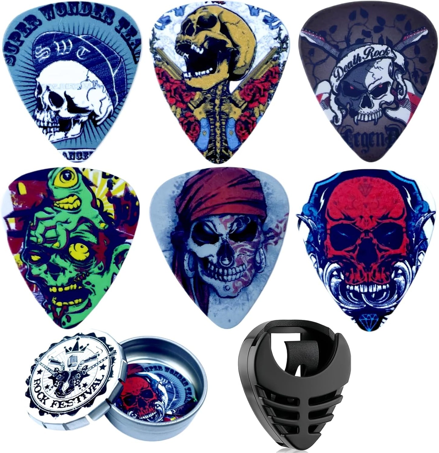 Metal Box of 6 Miwayer Picks | Cool Art Design | Gift for Guitar Lovers