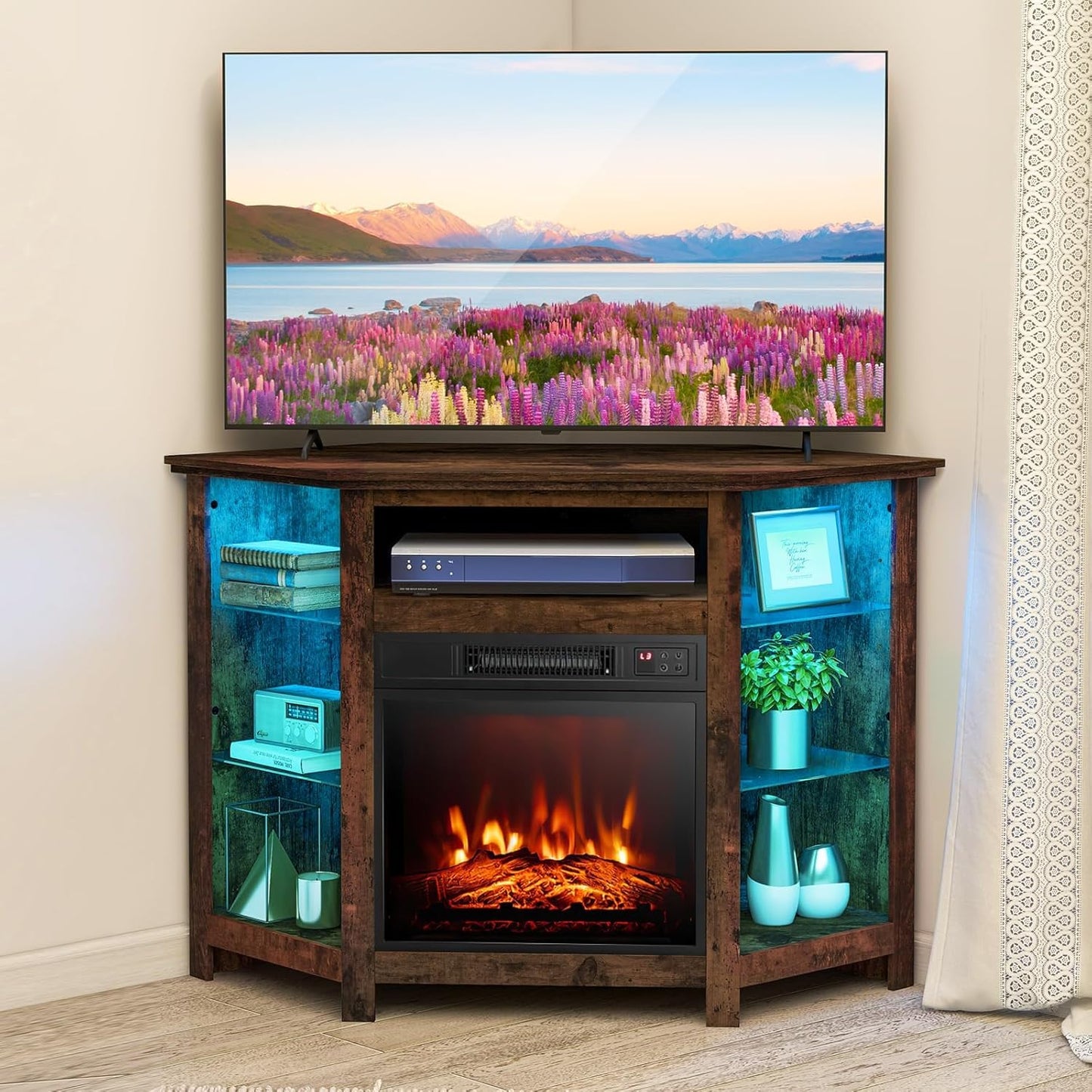 SIMOE Corner TV Stand w/ Electric Fireplace & LED Lights