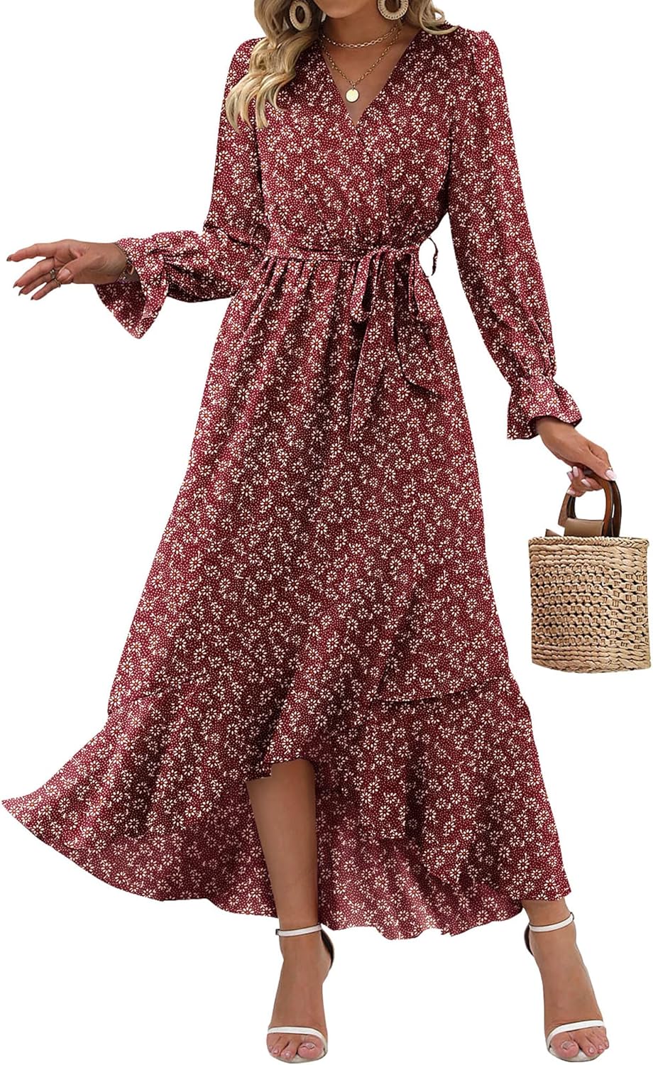 Floral High Waist Ruffle Long Sleeve Dress for Women