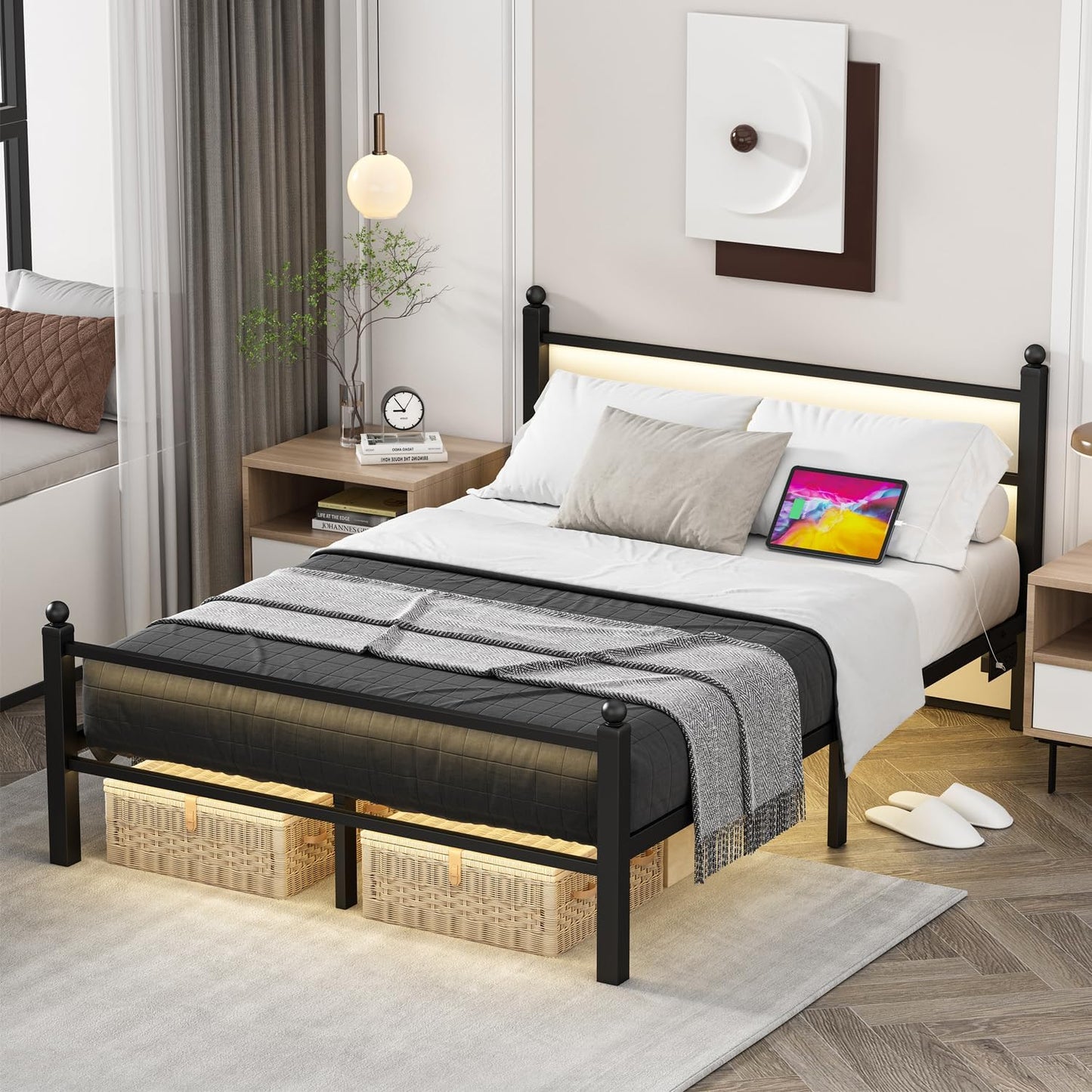 Full Size Bed Frame with Charging Station & LED Lights