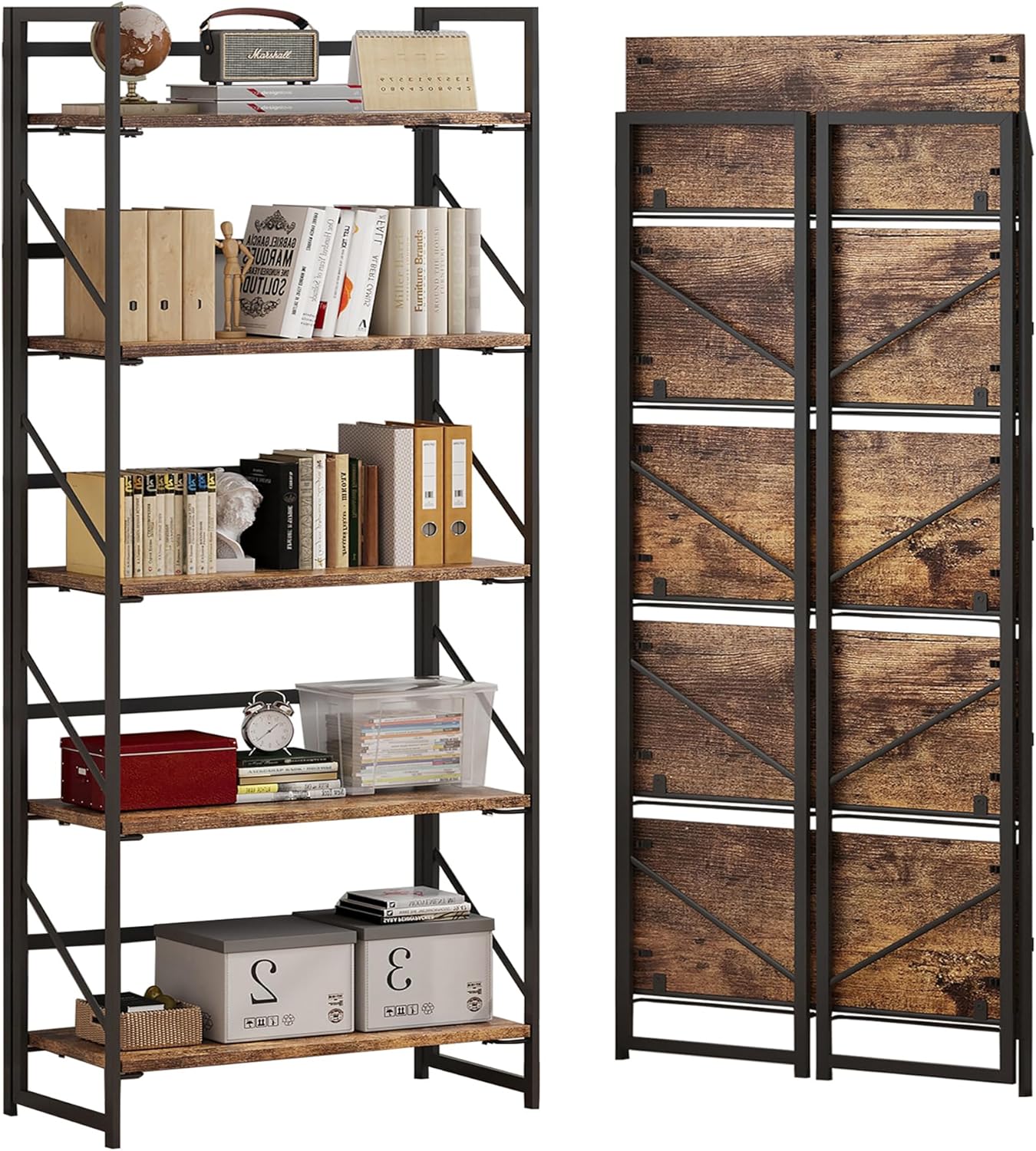 JSB No Assembly Folding Bookshelf: Vintage Wood 5 Tier Storage